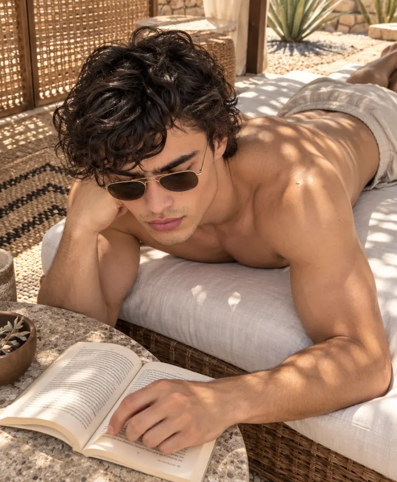 Мужское фото с книгой на отдыхе — нейросеть сделает кадр с вашим лицом